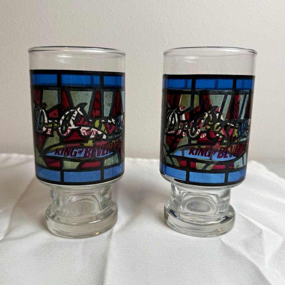 Vintage Dr Pepper Set of 2 10oz Clear Drinking Glasses Stained Glass Multicolor